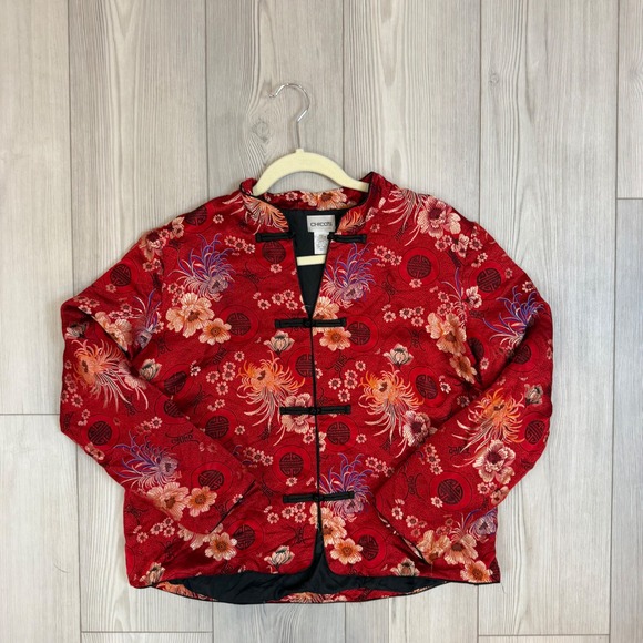 Chico's Jackets & Blazers - Chico's Red Silk Blend Chinoiserie Floral Frog Closure Jacket Size 1